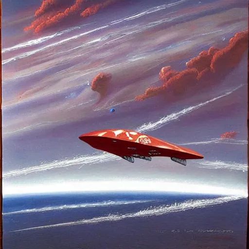 Image similar to a beautiful painting of a space craft flying on a great lake with spectacular clouds by moebius