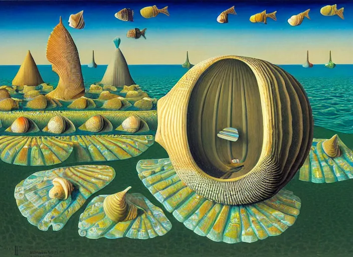 Prompt: a city with fish citizens inside the seashell, by jacek yerka by magritte, surrealistic painting, masterpiece, oil painting, sharp focus, highly detailed, intricate, smooth, 8 k,