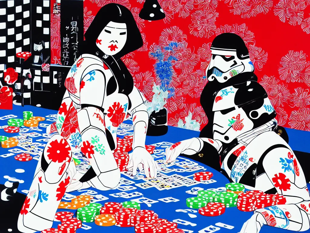 Image similar to hyperrealism composition of the detailed single woman in a japanese kimono sitting at an extremely detailed poker table with stormtrooper, fireworks, river on the background, pop - art style, jacky tsai style, andy warhol style, acrylic on canvas