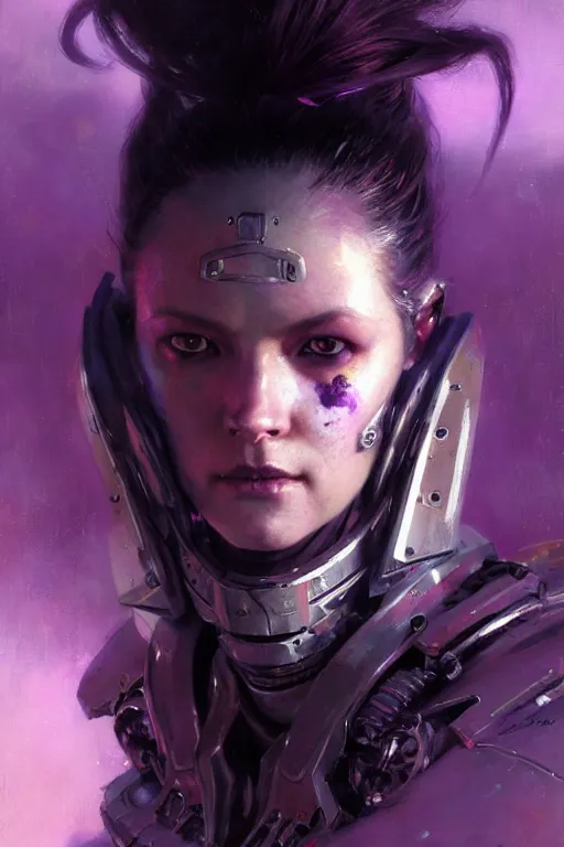 Prompt: extreme close up, facial portrait, woman with a long black ponytail in purple sci - fi armor, kitsune inspired armor, mechanical armor, cybernetic hands, stoic, grim dark, moody, portrait dnd, painting by gaston bussiere, craig mullins, greg rutkowski, yoji shinkawa