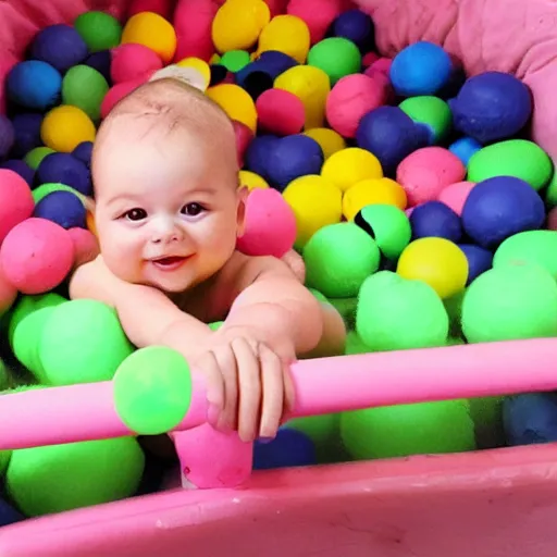 Prompt: infant riding on the back of a pig in a ball pit