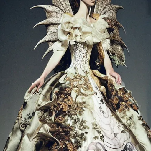 Image similar to fashion design inpired by fairy tale, for dragon queen, designed by alexander mcqueen, rococo