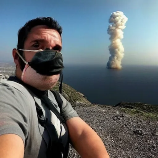 Prompt: last selfie before end of earth, nukes at background, very scarry and depressing