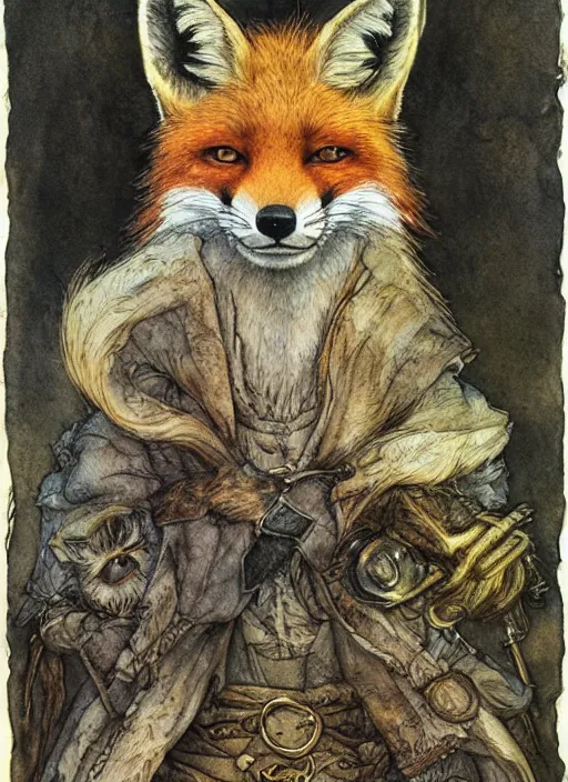 Prompt: portrait of a fox - faced theif, human features, dnd, gwelf, highly detailed, perfect lighting, watercolor and ink illustration, muted colors. perfect composition, 4 k, by brian froud, larry macdougall, jean - baptiste monge, arthur rackham