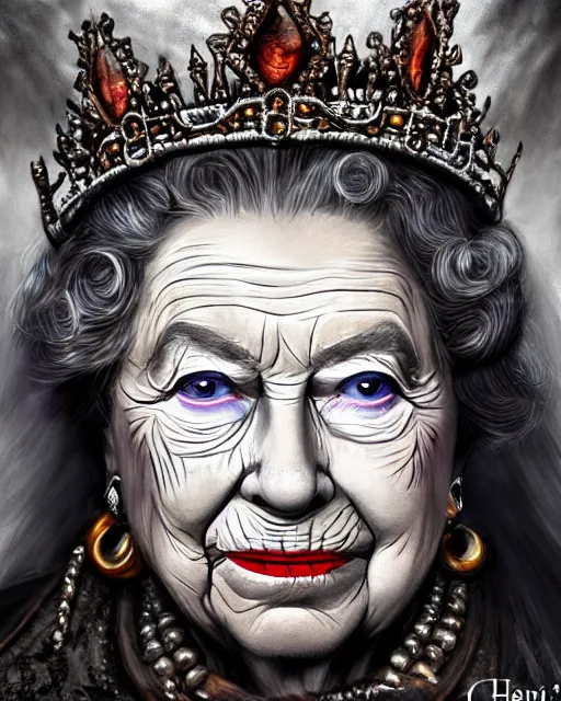 Image similar to Queen Elizabeth II as a hag witch, highly detailed face, realistic face, beautiful detailed eyes, fantasy art, illustration, epic, fantasy, intricate, hyper detailed, artstation, concept art, smooth, sharp focus, by jerad s marantz