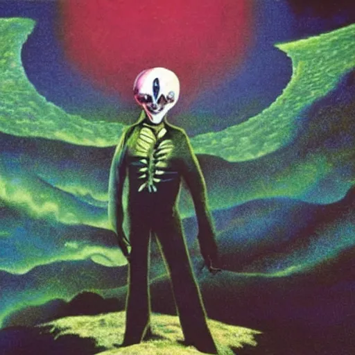 Image similar to robert smith as an alien, illustrated matte painting of a progressive rock album cover, 1 9 7 0 s