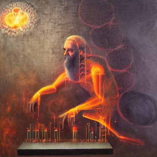 Image similar to God of forging and fire hephaistus creating the first artificial neural network in his volcanic smokey laboratory, hephaistos has a beard, hephaistos inventor of deep learning and machines, dark background, oil on canvas