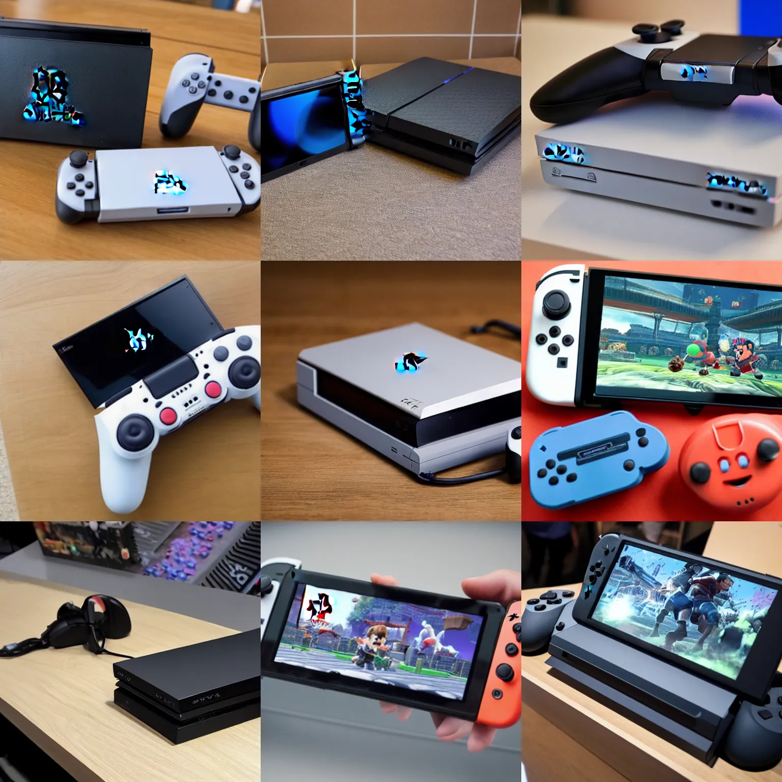 Prompt: playstation and nintendo switch hybrid console, photograph