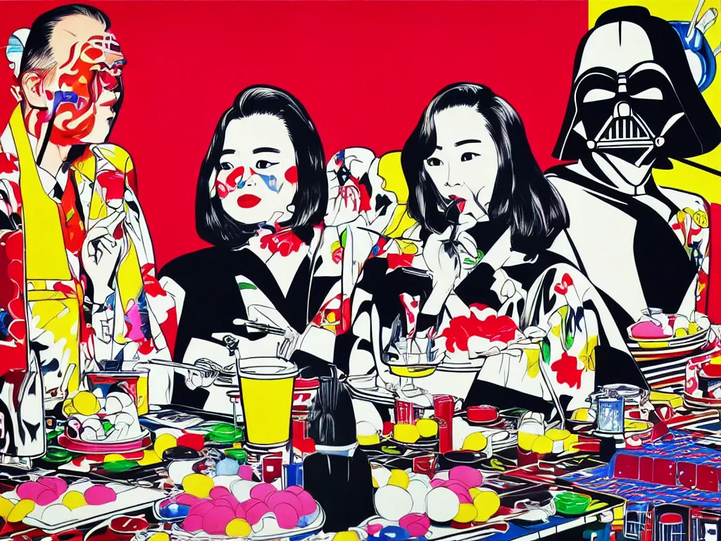 Image similar to hyperrealistic composition, in the middle a woman in a japanese kimono, behind her stands darth vader, in front of her a table from the casino, in the background is mount fuji and fireworks, pop - art style, jacky tsai style, andy warhol style, roy lichtenstein style, round canvas, acrylic on canvas