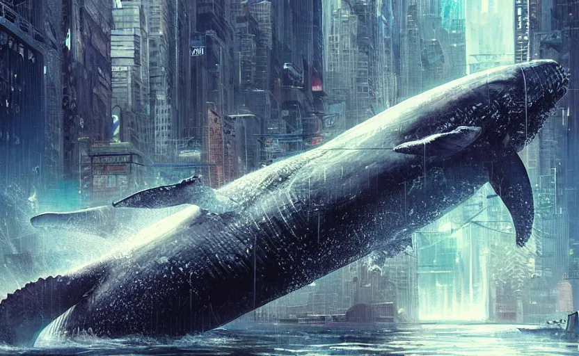 Prompt: cyberpunk whale attacking Newyork city ,digital art,ultra realistic,ultra detailed, ultra wide Lens, art by greg rutkowski
