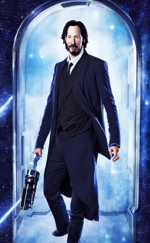 Image similar to portrait of Keanu reeves as 10th Doctor Who in the TARDIS with sonic screwdriver, Photo, High details, 8k, DSLR, long shot