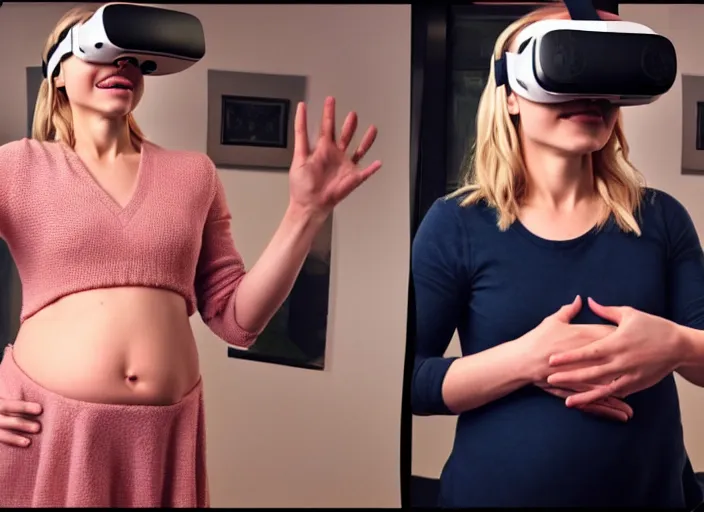 Prompt: first person vr video, photograph of my hand touching kristen bell's fat chubby belly, her belly is fat and round, 8 k, sharp, detailed