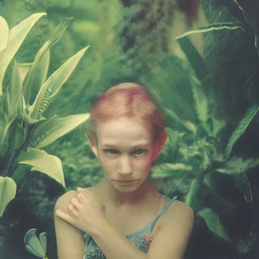 Prompt: grainy head to shoulder portrait Polaroid film photograph of a small magical fairy in a tropical greenhouse. looking at the camera!!. super resolution. surreal. Extremely detailed. Polaroid 600 film. by Annie Leibovitz and Richard Avedon