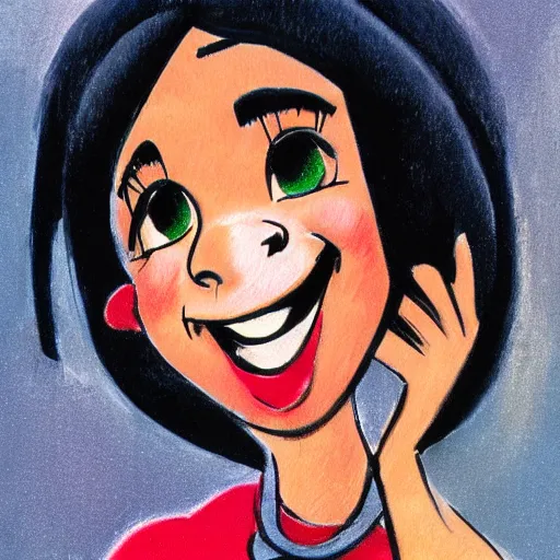 Prompt: milt kahl sketch of black hair cuban girl with dog nose