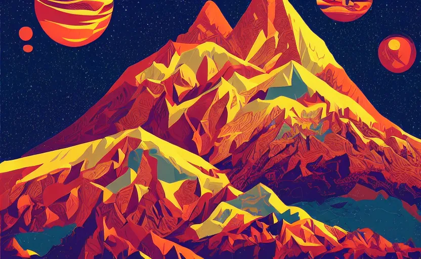 Image similar to mountains, stars and paisley filled sky, artstation, intricate, highly detailed, digital painting, concept art, sharp focus, illustration by tom whalen and charles williams and kilian eng and james jean