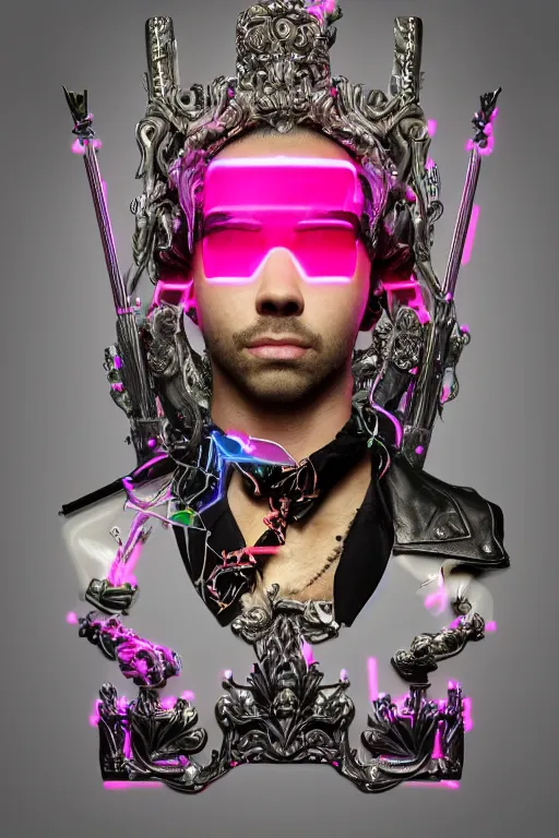 Prompt: full-body neon marble bladerunner and baroque style sculpture of a muscular handsome Joe Jonas prince wearing thick 3D glasses as a half android with a porcelain chest, electric sparks, crown of giant diamonds, sparkling laserbeams, pink and white neon tigers, baroque elements. full-length view. baroque element. intricate artwork by caravaggio. Trending on artstation, octane render, cinematic lighting from the right, hyper realism, octane render, 8k, depth of field, 3D