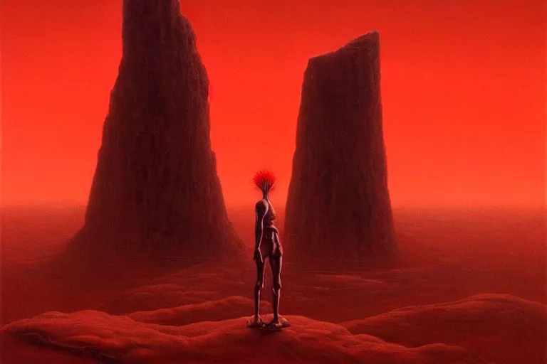 Image similar to only with red, a red god of death eat apple, a futuristic city on mars in background, an ancient path, pathos, in the style of beksinski, part by hopper, part by rodcenko, part by hofbauer, intricate composition, red by caravaggio, insanely quality, highly detailed, masterpiece, red light, artstation