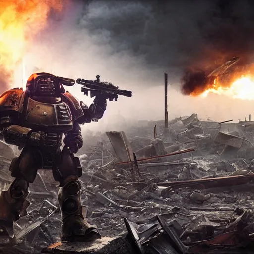 Image similar to heavily armored space marine standing on a pile of scrap metal and rubble, holding up a big futuristic rifle, smoke rising in the background, destroyed buildings and dead robots scatter the ground, cinematic, artstation, octane 3 d, atmospheric, smoke explosions, ominous battlefield, rule of thirds, detailed face mask, by vitaly bulgarov and filip hodas, art by blizzard