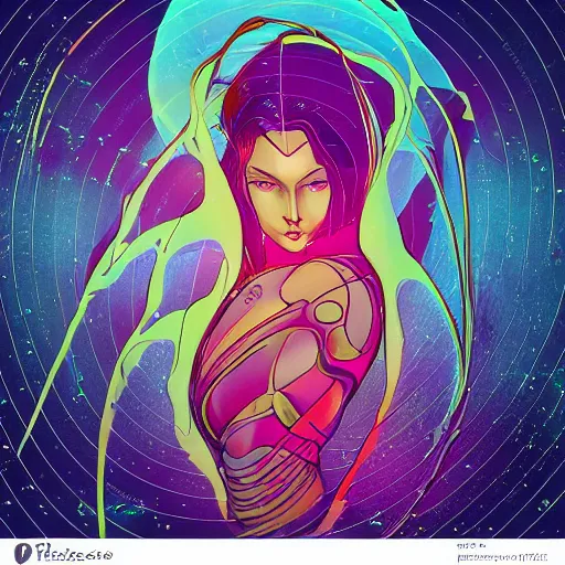 Prompt: elegant smooth female droid bathing in ocean waves of glossy liquid stardust flowing like psychedelic plasma, lsd waves, lsd ripples, backlit, dramatic, refracted lighting, art nouveau, ghost in the shell