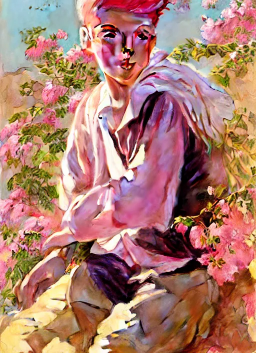 Prompt: androgynous cute pink haired teen boy wearing greek clothes, muted colors, colorful flowers, sunlight filtering through skin, j. c leyendecker, by alan lee, wlop! illustrated by starember, fantasy art by craig mullins cfg _ scale 9