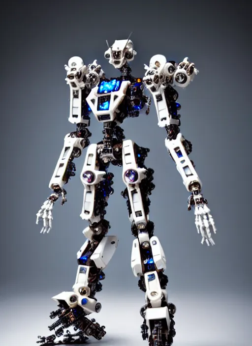 Prompt: a mecha made entirely of bones and quartz crystals, professionally assembled, fully detailed, many small details, LED lighting effects, professional photography