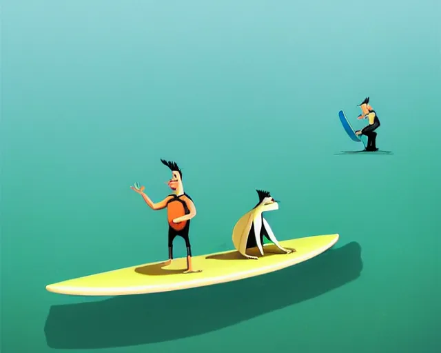 Image similar to a man surfing on a crocodile alike surfboard, a man using a crocodile as a longboard, funny cartoonish, by gediminas pranckevicius, 8 k cartoon illustration, impressive perspective