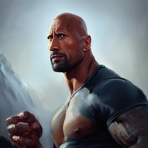 Prompt: “Portrait of Dwayne Douglas Johnson by Greg Rutkowski, young, manly, attractive, strong, older brother vibes, highly detailed portrait, scifi, digital painting, artstation, concept art, smooth, sharp foccus ilustration, Artstation HQ”