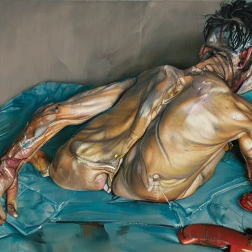 Image similar to high quality high detail painting by lucian freud and jenny saville, hd, fightclub, turquoise