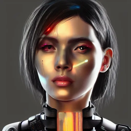 Image similar to headshot portrait of cyberpunk woman wearing thick steel choker around neck, 4K, detailed face, collar on neck, realistic, artstation, cyberpunk style, neon,