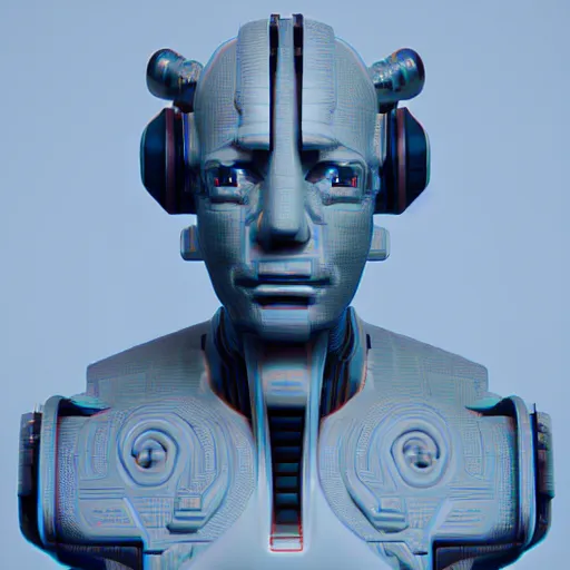 Image similar to portrait of cybernetic overlord of the metaverse, hard clay, ceramics, reflections, ambient occlusion, raytracing, unreal engine 5, 8 - bit, by beeple