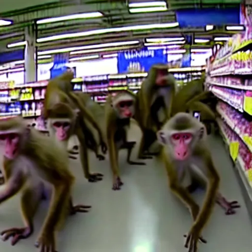 Prompt: cctv footage of a horde of monkeys raiding a walmart