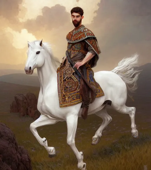 Prompt: portrait of young man next to a white horse, wearing an embroidered tunic, intricate, highly detailed, book cover artwork, digital painting, artstation, concept art, smooth, sharp focus, illustration, art by wlop, mucha, artgerm, and greg rutkowski