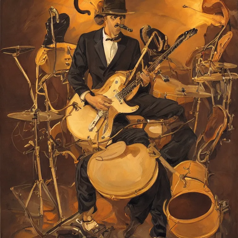 Prompt: a beautiful painting by joseph christian leyendecker of an octopus playing drums and telecaster guitar in a rock concert, dark background, concert light, dark mood, cold lighting