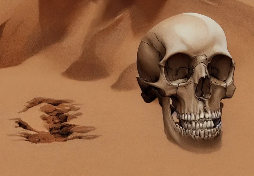 Prompt: close shot of a human skull buried in the sahara desert sand, a realistic digital painting by greg rutkowski and james gurney, trending on artstation, highly detailed