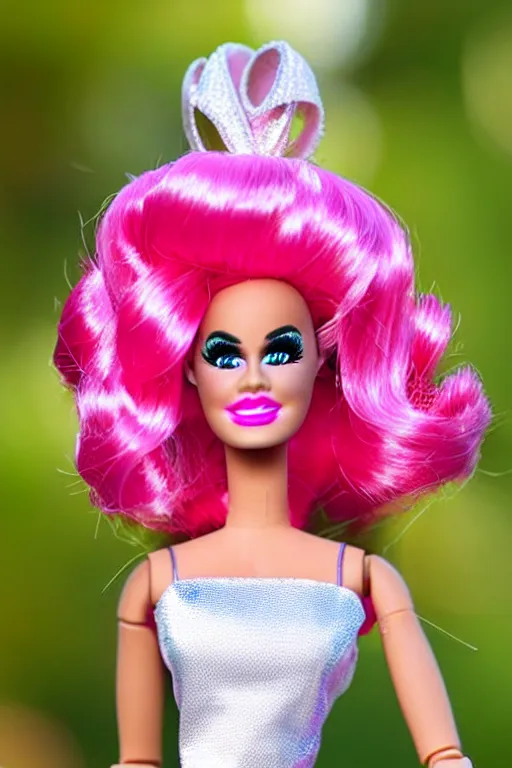 Prompt: drag queen barbie doll with huge pink hair and oversized hairbow