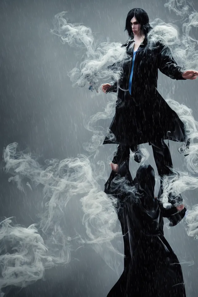 Image similar to a man with pale skin and long-black hair, latex suit and raincoat, floating in smoke, in the style of ruan jia and yoshitaca amano