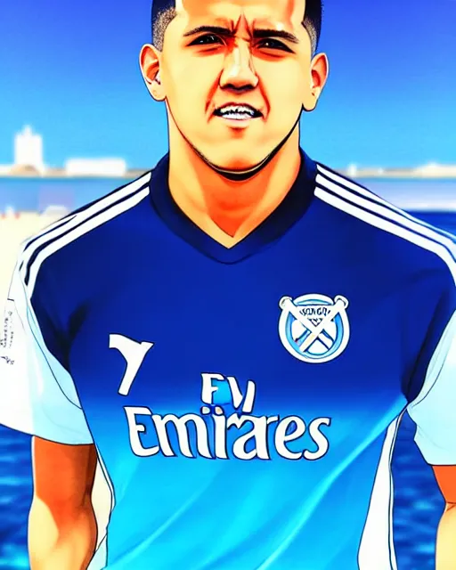 Image similar to portrait Anime Alexis Sanchez; white football shirt, Marseille beach in background || anime, manga cute-fine-face, pretty face, realistic shaded Perfect face, fine details. Anime. realistic shaded lighting by Katsuhiro, Otomo