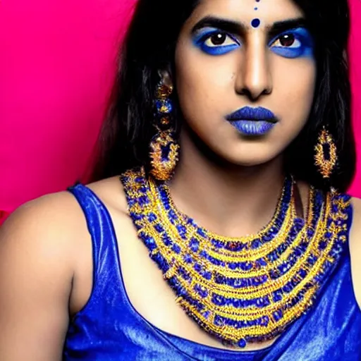 Prompt: priyanka chopbra as a blue - skinned indian goddess with six arms, symmetric, aesthetic!!!, cosplay, studio lighting, beautiful symmetric face, clean composition, highly symmetric body parts, gazing eyes, blue skin, blue body paint