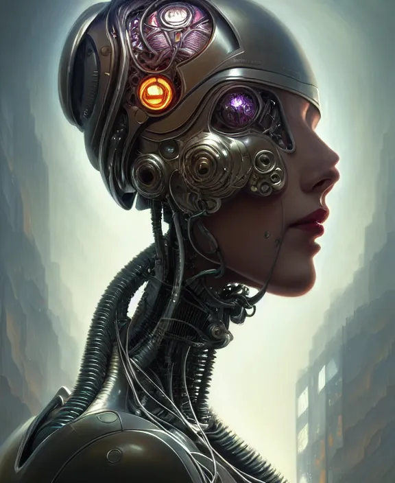 Image similar to portrait shot of a cyberpunk robot, intricate, elegant, highly detailed, centered, digital painting, artstation, concept art, smooth, sharp focus, illustration, artgerm, tomasz alen kopera, peter mohrbacher, donato giancola, joseph christian leyendecker, wlop, boris vallejo