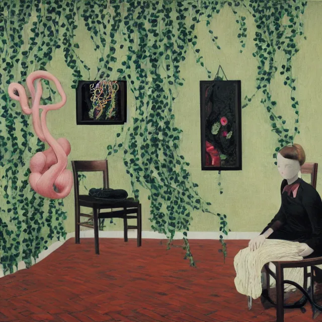 Image similar to a female pathology student in her apartment, wrapped in vines, medical equipment, stepping stones, octopus, pig, black walls, ikebana, black armchair, sculpture, acrylic on canvas, surrealist, by magritte and monet