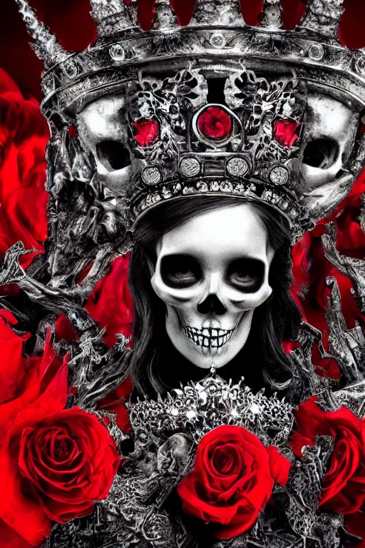 Image similar to skull queen with an red crown, hints of silver jewelry, gothic, eerie, intricate detail, dramatic lighting, fire, red, 4 k