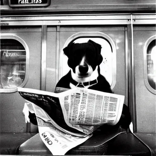 Prompt: a dog reading the newspaper on a subway train in new york, 1 9 7 0 colour photography