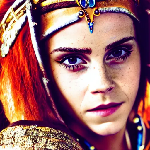 Image similar to Emma Watson modeling as Urbosa from Zelda, (EOS 5DS R, ISO100, f/8, 1/125, 84mm, postprocessed, crisp face, facial features)