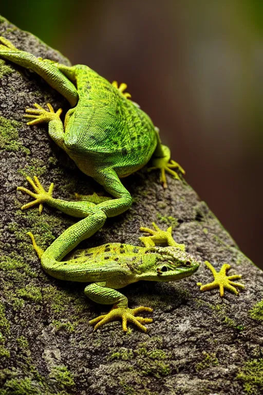 Prompt: a small photorealistic lizard on a moss covered rock, shiny scales, moss and vegetation, ancient forest, close - up, intricate details, intricately detailed textures, warm lighting, vivid colors, smoke and mist, hyper realistic octane render, volumetric shading, depth of field, raytracing, 8 k,