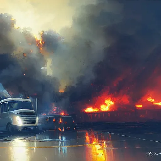 Image similar to rent - a - center truck on fire by greg rutkowski