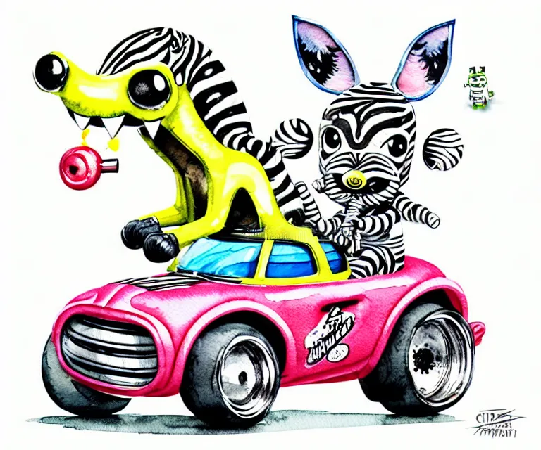 Prompt: cute and funny, zebra wearing a helmet riding in a tiny hot rod with oversized engine, ratfink style by ed roth, centered award winning watercolor pen illustration, isometric illustration by chihiro iwasaki, edited by range murata, tiny details by artgerm and watercolor girl, symmetrically isometrically centered