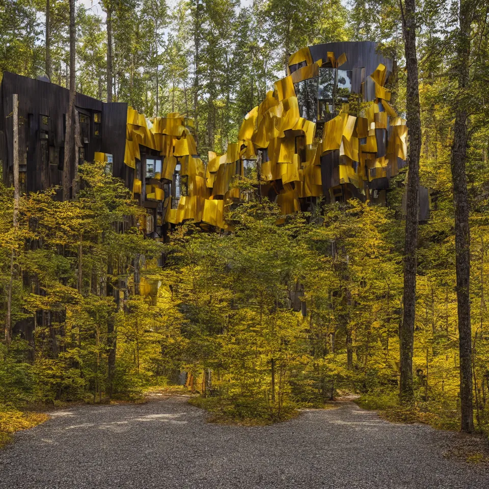 Image similar to a house in a taiga forest clearing from afar, designed by Frank Gehry. Tiles. Gravel pathway with parking. Film grain, cinematic, yellow hue