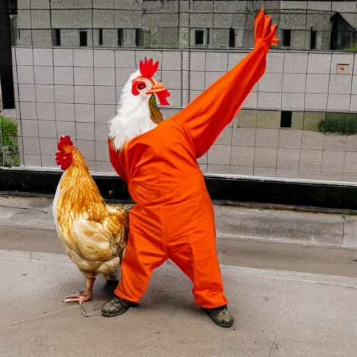 Image similar to chicken dressed as an inmate, real photography, police statiom