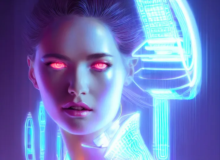 Image similar to portrait of female humanoid from 6 0 s era, intricate, elegant, cyber neon lights, highly detailed, digital painting, artstation, glamor pose, concept art, smooth, sharp focus, illustration, art by artgerm and greg rutkowski