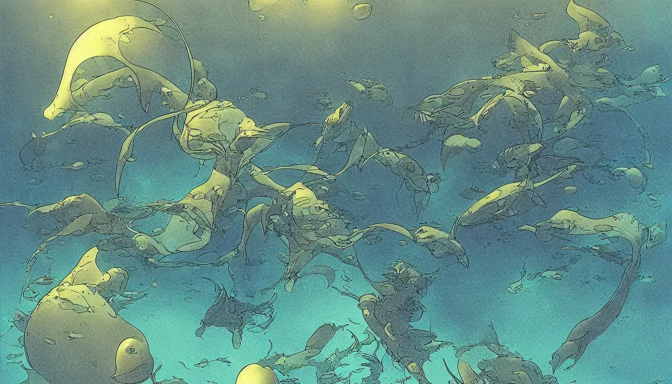 Image similar to underwater, filtered light, moebius